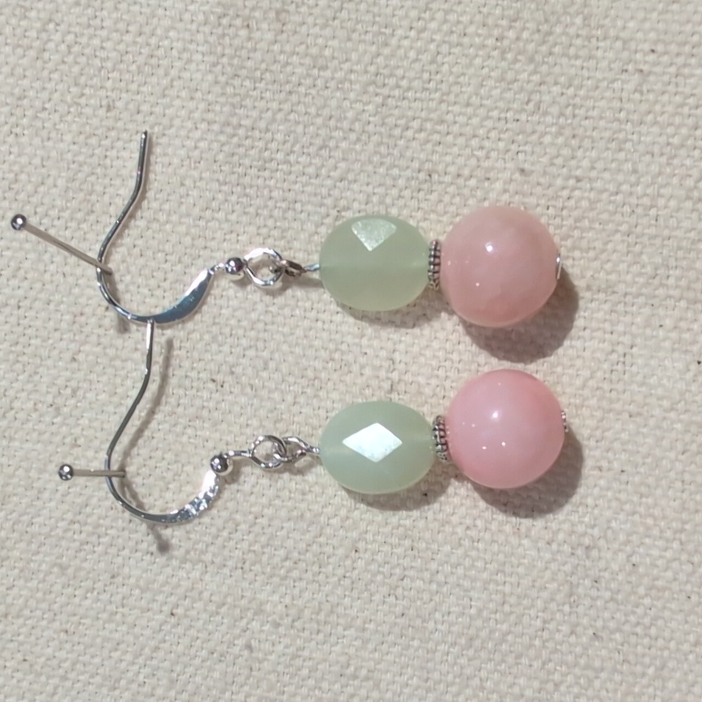 Handmade Pink and Green Jade Beaded Drop Earrings 925 Plated Posts